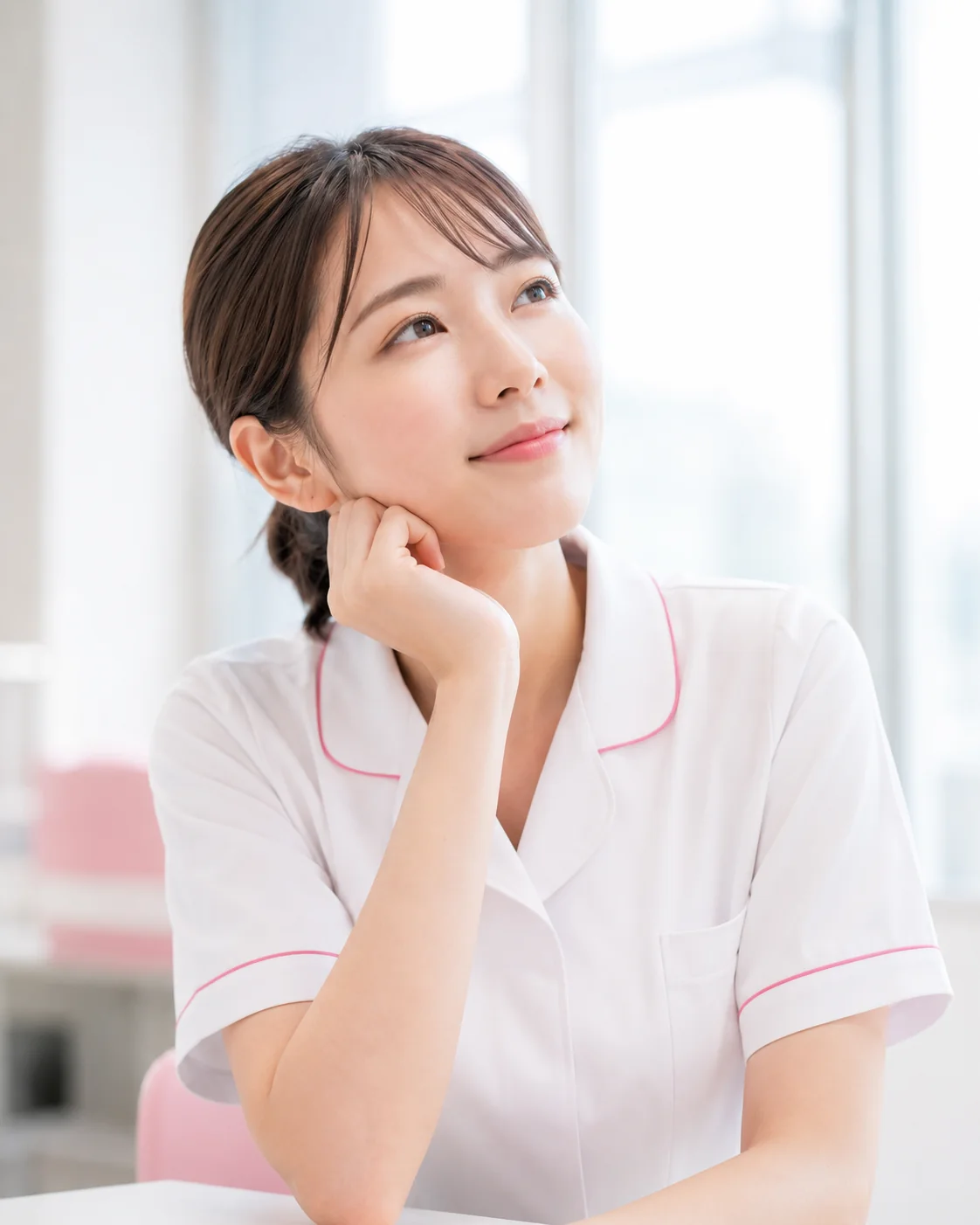 頬に手を添えて前を見つめる看護師